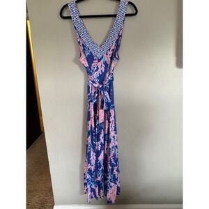 Lilly Pulitzer Women's Madsen Midi‎ Dress Borealis Blue Coral V-Neck $198 XXL